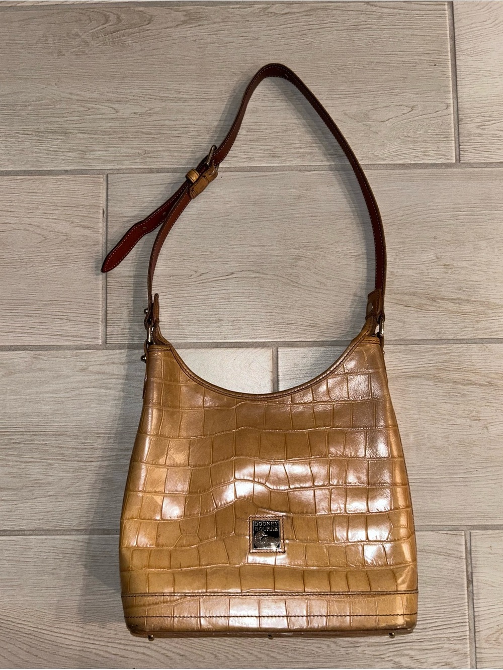 Dooney & Bourke Tan Croc-Embossed Shoulder Bag with Brown Strap